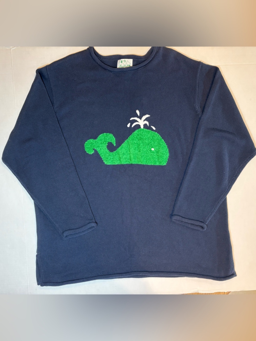 Quacker Factory Navy Blue Sweater Green Whale Front & Back Graphic Size 2X